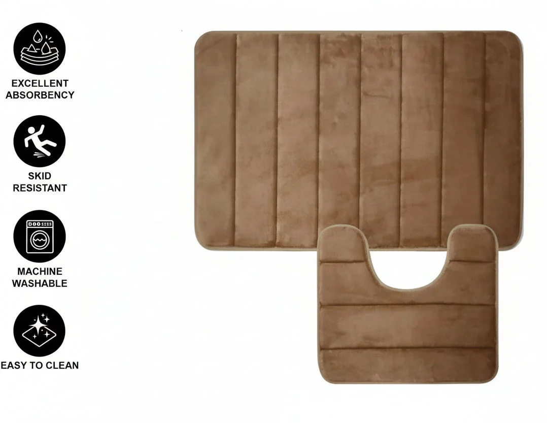 Covorase de Baie, 80x50 cm / 50x40 cm, Maro, Antiderapant, Absorbant, Set 2 bucati