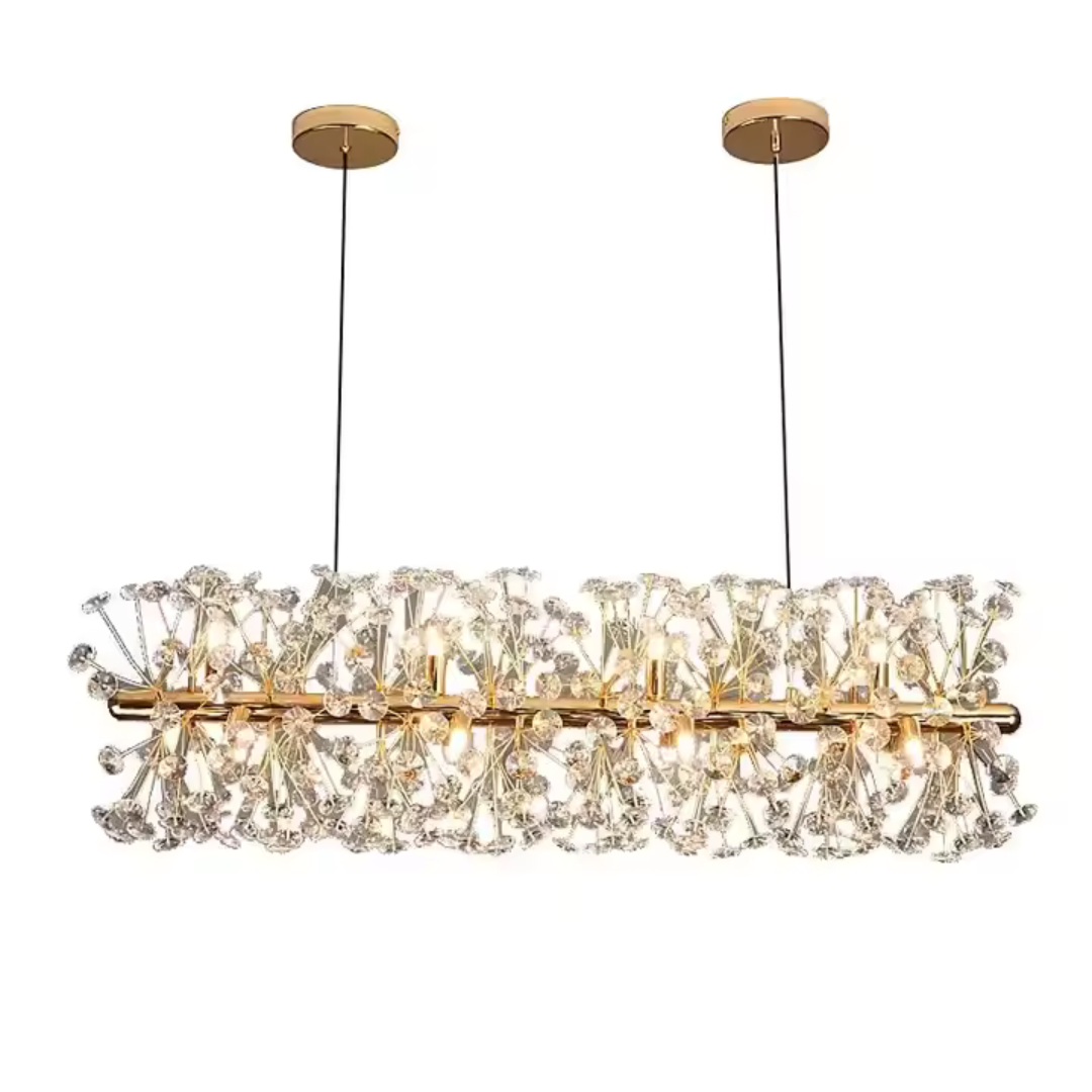 Candelabru Cristal KHUJANT 9x G9, Lungime 70cm, Auriu Lucios, Inaltime Reglabila
